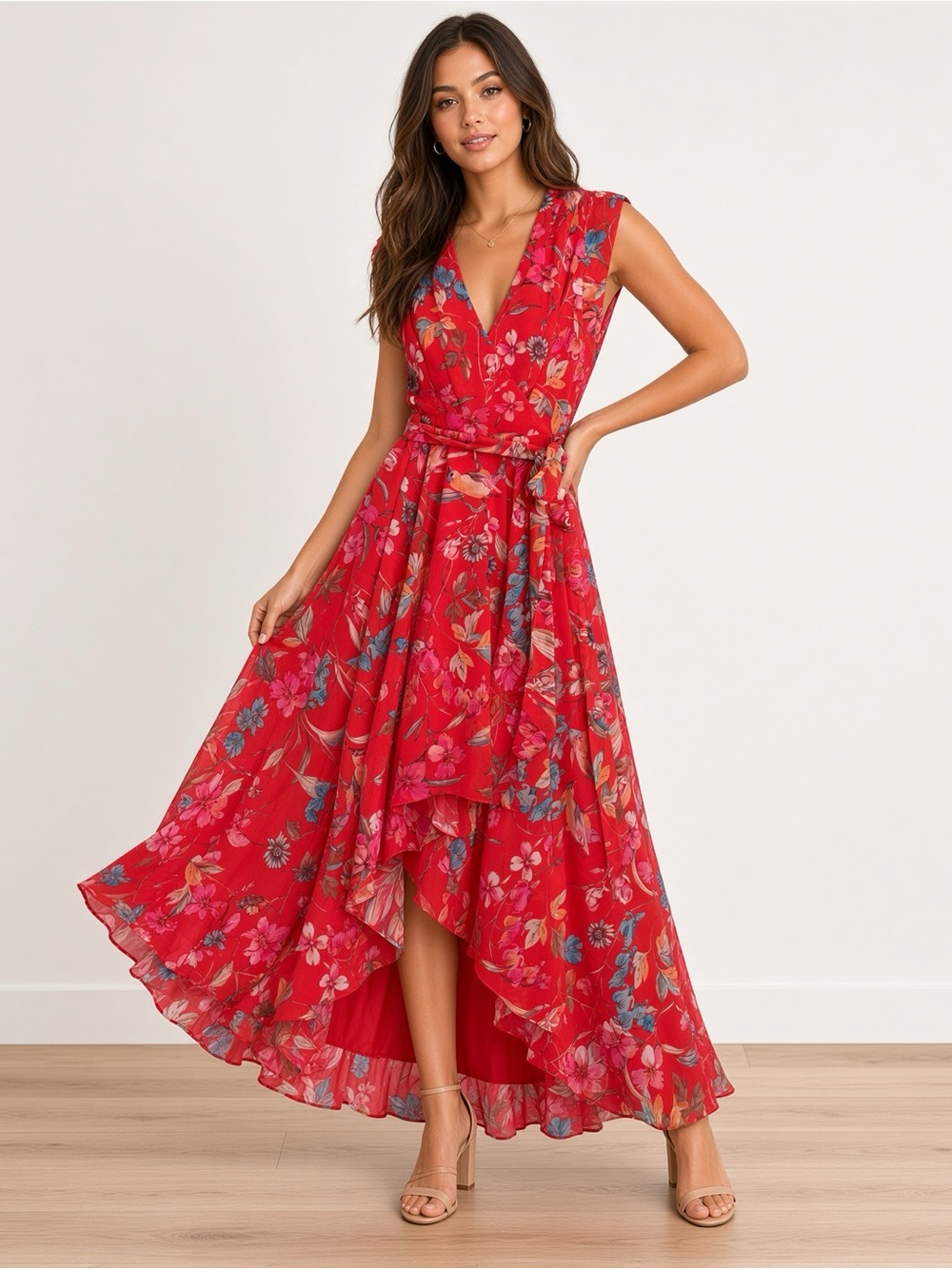 NWT Eliza J Coral Floral Faux Wrap Maxi Dress 8